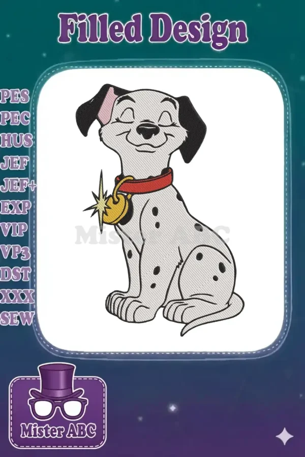 Detailed embroidery design of a happy Dalmatian puppy, sitting with closed eyes, wearing a red collar and gold star tag.