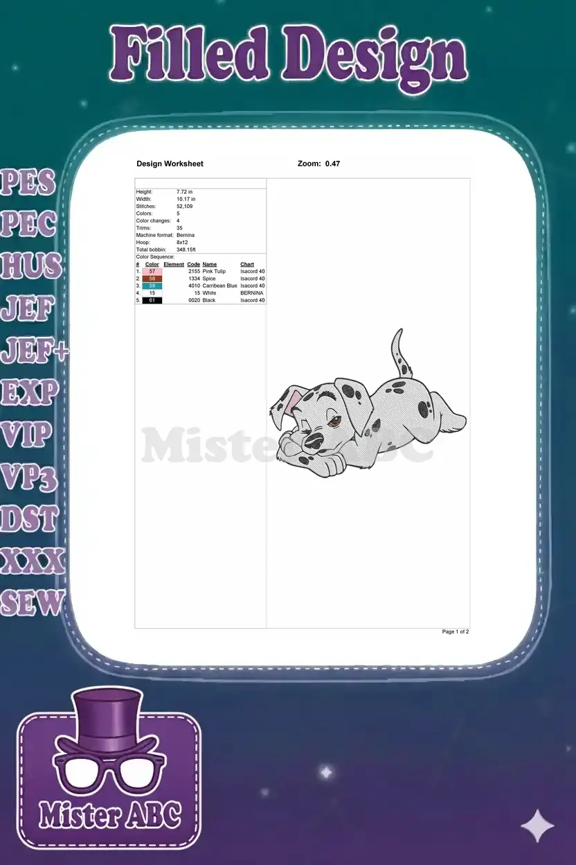 Embroidery design worksheet for the Dalmatian puppy, showing dimensions, stitch count, colors, and machine details.