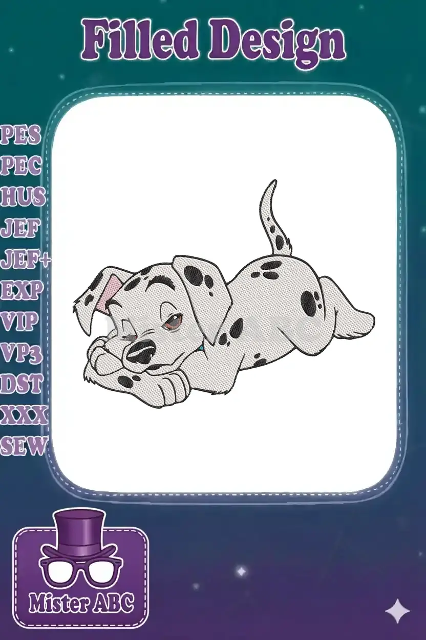 A cute, sleepy Dalmatian puppy, reminiscent of 101 Dalmatians, embroidered with detailed stitching.