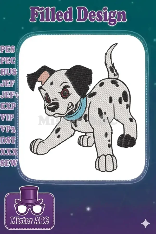 Vibrant embroidery design of a playful Dalmatian puppy, featuring black spots and a blue collar, ready for action.