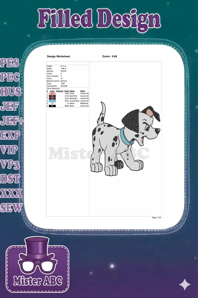 A detailed embroidery design worksheet showing dimensions, stitch count, color sequence, and a preview.