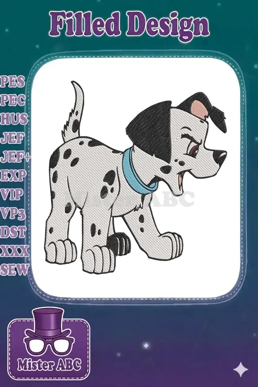 A lively embroidery design of a Dalmatian puppy, standing with a light blue collar and black spots.