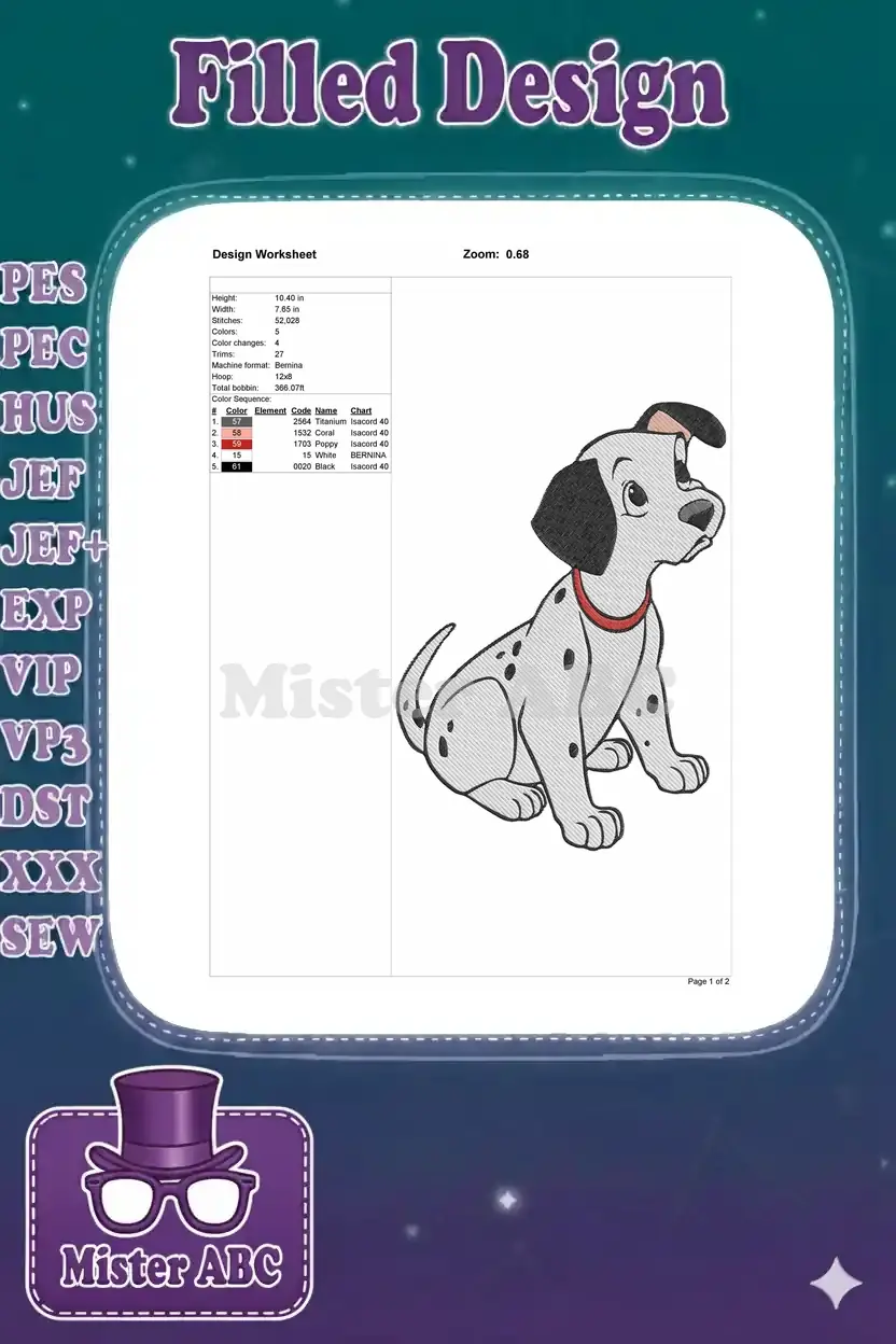 Detailed embroidery design worksheet showing dimensions, stitch count, color sequence, and machine specifications.