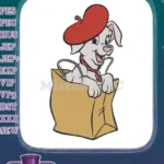 Happy dog in paper bag wearing red beret embroidery designs - Instant Download