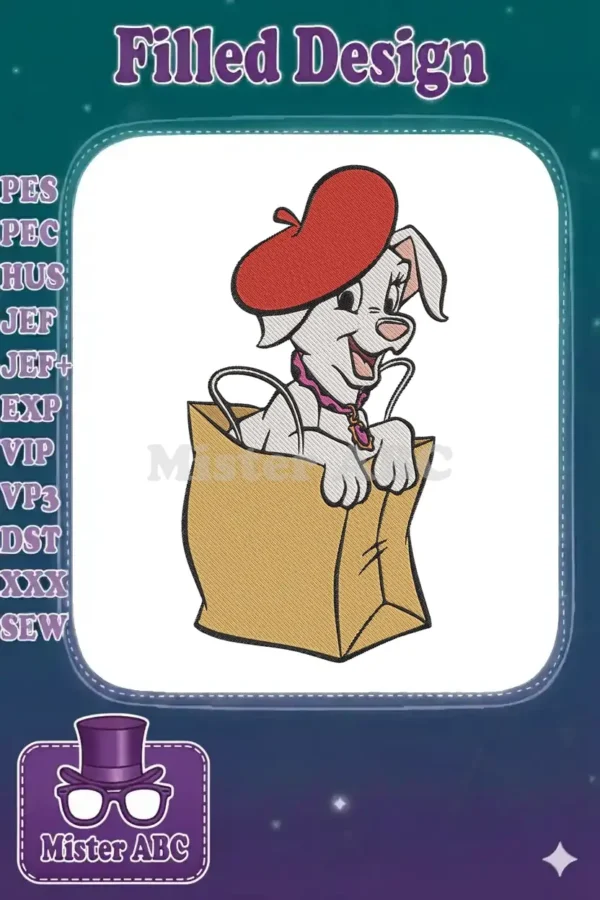 A charming embroidery design of a white puppy wearing a red beret and pink collar, peeking playfully from a paper bag.