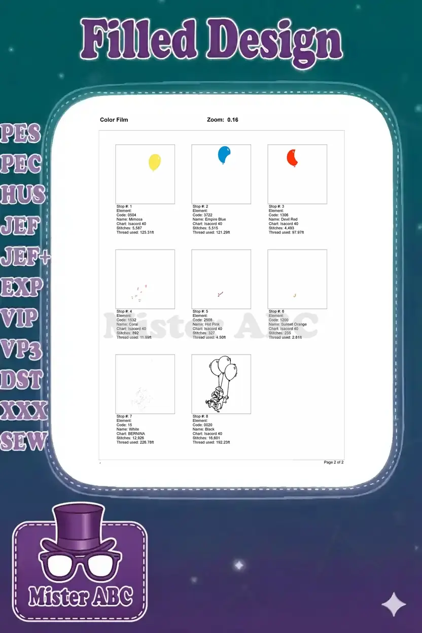 Color film breakdown of the Dalmatian puppy and balloons embroidery design, showing each stitch layer.