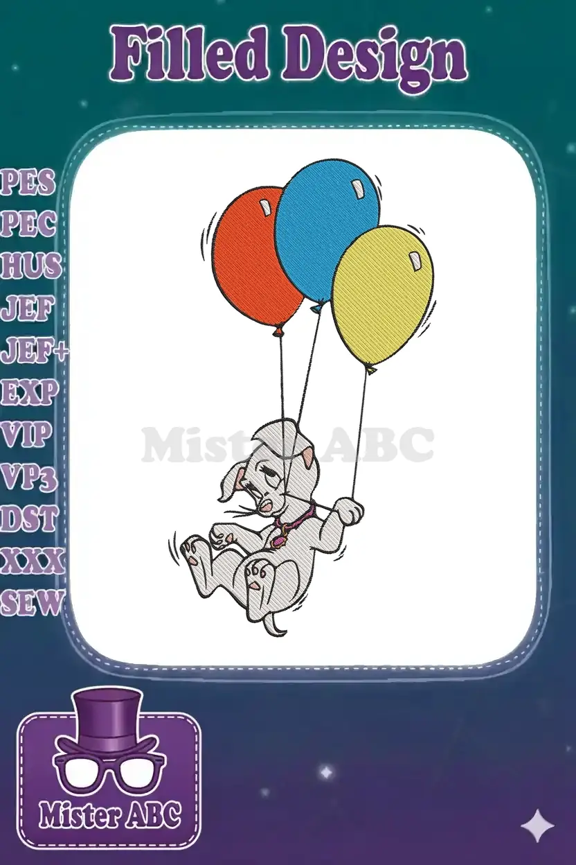 A playful Dalmatian puppy embroidery design, carried aloft by bright red, blue, and yellow balloons.