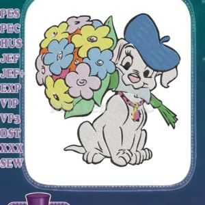 An enchanting embroidery design of a white puppy wearing a blue beret, holding a vibrant, multi-colored flower bouquet.