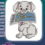 Adorable white puppy holding Paris Eiffel Tower postcard embroidery designs - Instant Download
