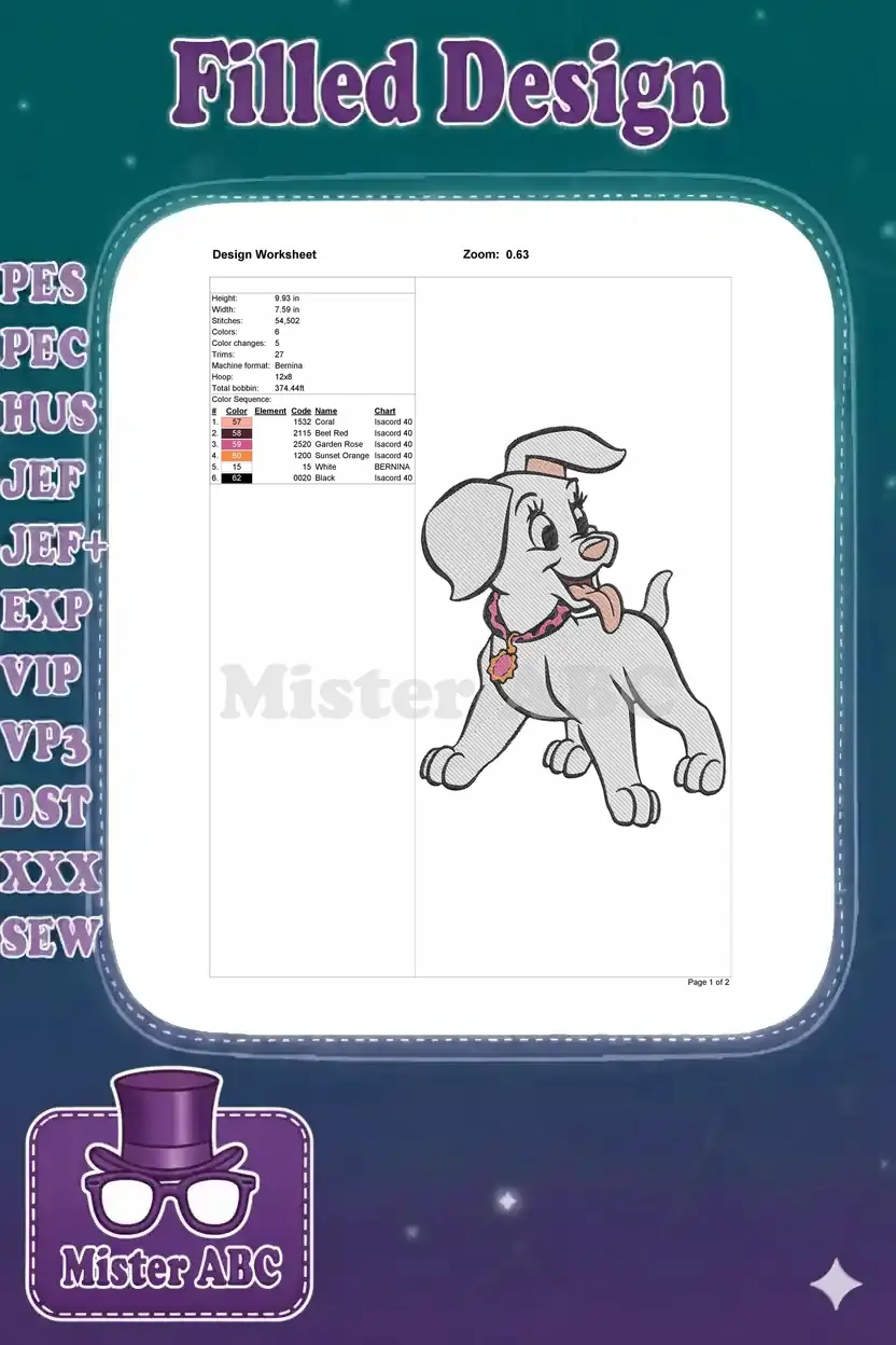 Technical design worksheet for the Dalmatian puppy embroidery, detailing stitch count, colors, and dimensions.
