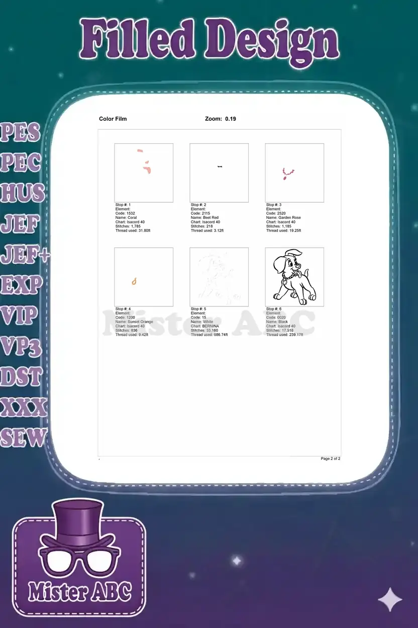 Color film breakdown illustrating the stitching sequence and thread usage for the Dalmatian puppy design.