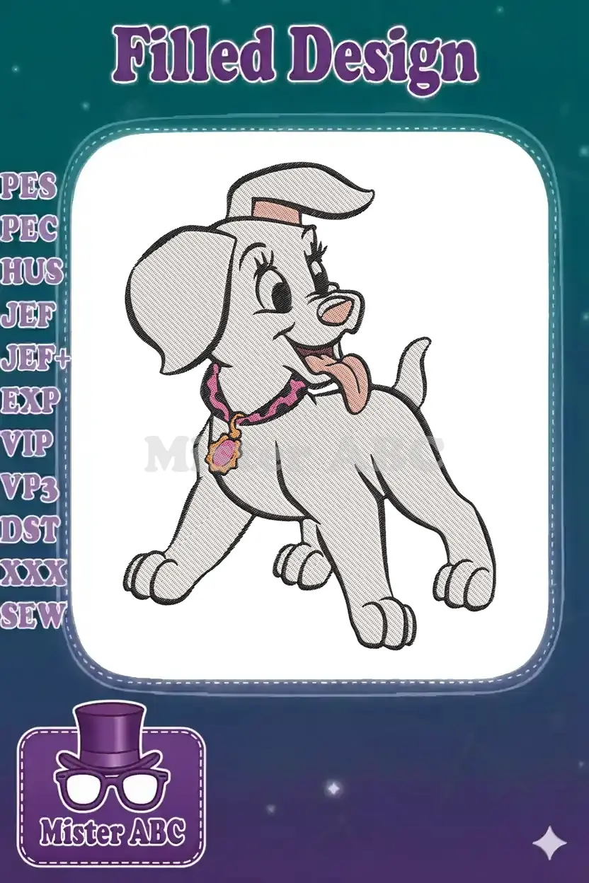 A delightful embroidery design featuring a playful white Dalmatian puppy with a pink collar and golden locket.