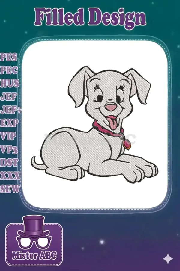 A charming machine embroidery design of a happy Dalmatian puppy, lying down with a pink collar and wagging tail.