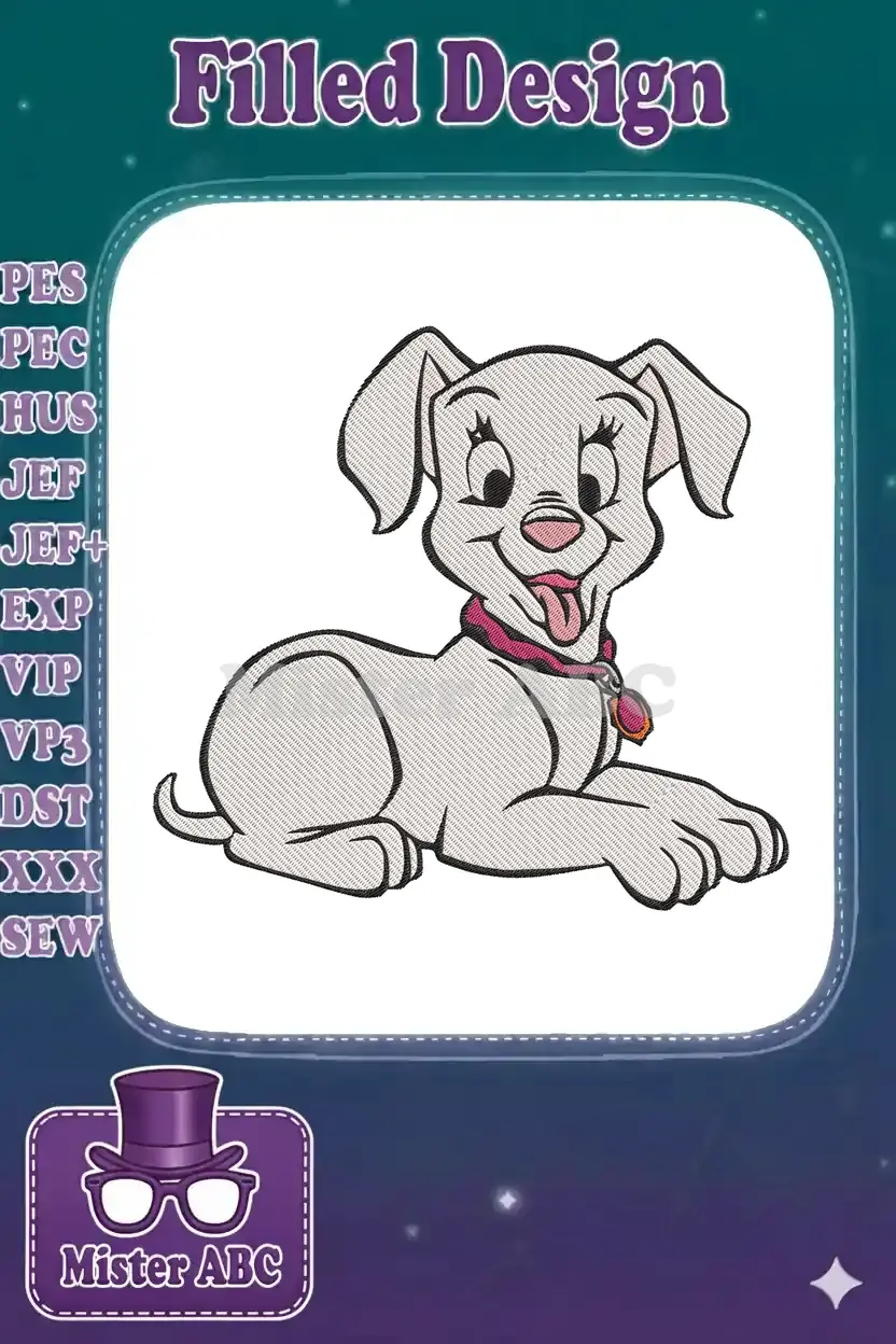 A charming machine embroidery design of a happy Dalmatian puppy, lying down with a pink collar and wagging tail.