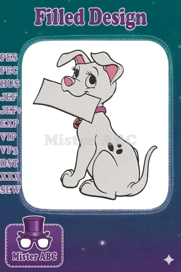Close-up of an adorable Penny Dalmatian puppy embroidery design, holding a blank paper with a cute expression.