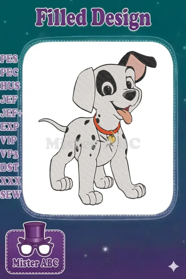 A charming embroidery of a happy Dalmatian puppy with black spots, a red collar, and a wagging tongue, on a white background.