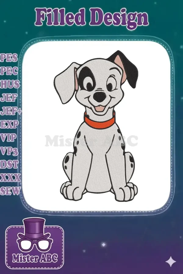 A delightful embroidery of a sitting cartoon Dalmatian puppy with a red collar, smiling brightly.