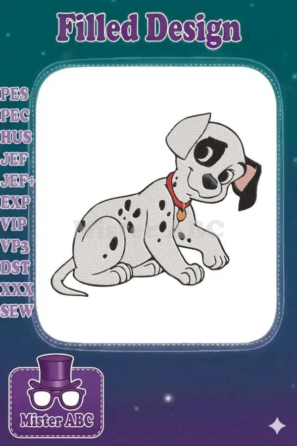 A delightful embroidery design of a cheerful Dalmatian puppy, sitting with a red collar and a golden tag.