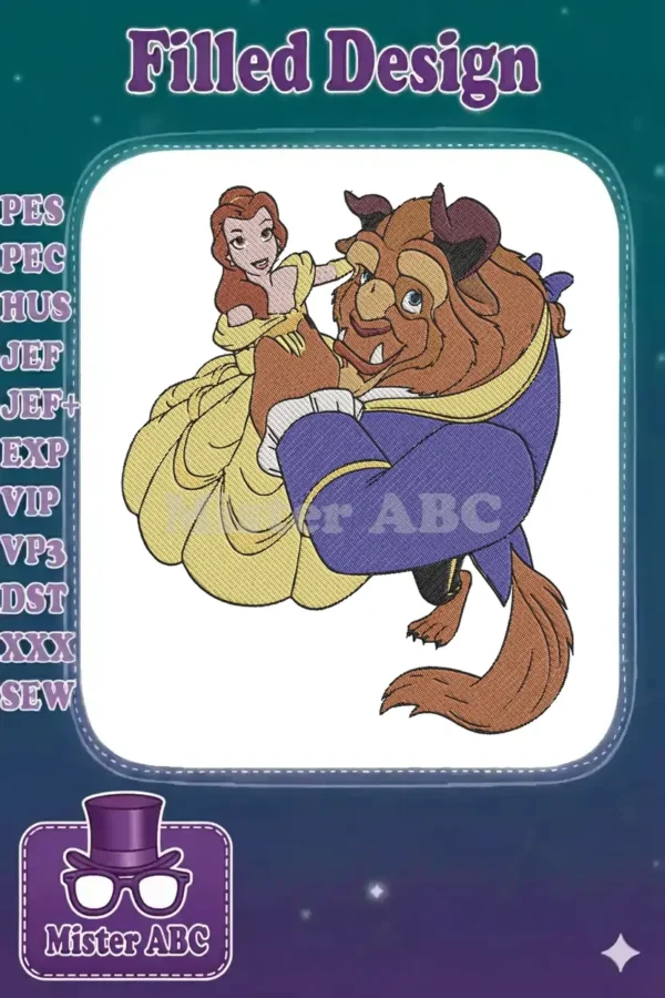 Belle and Beast dancing embroidery design, showcasing intricate details and vibrant colors for a magical project.
