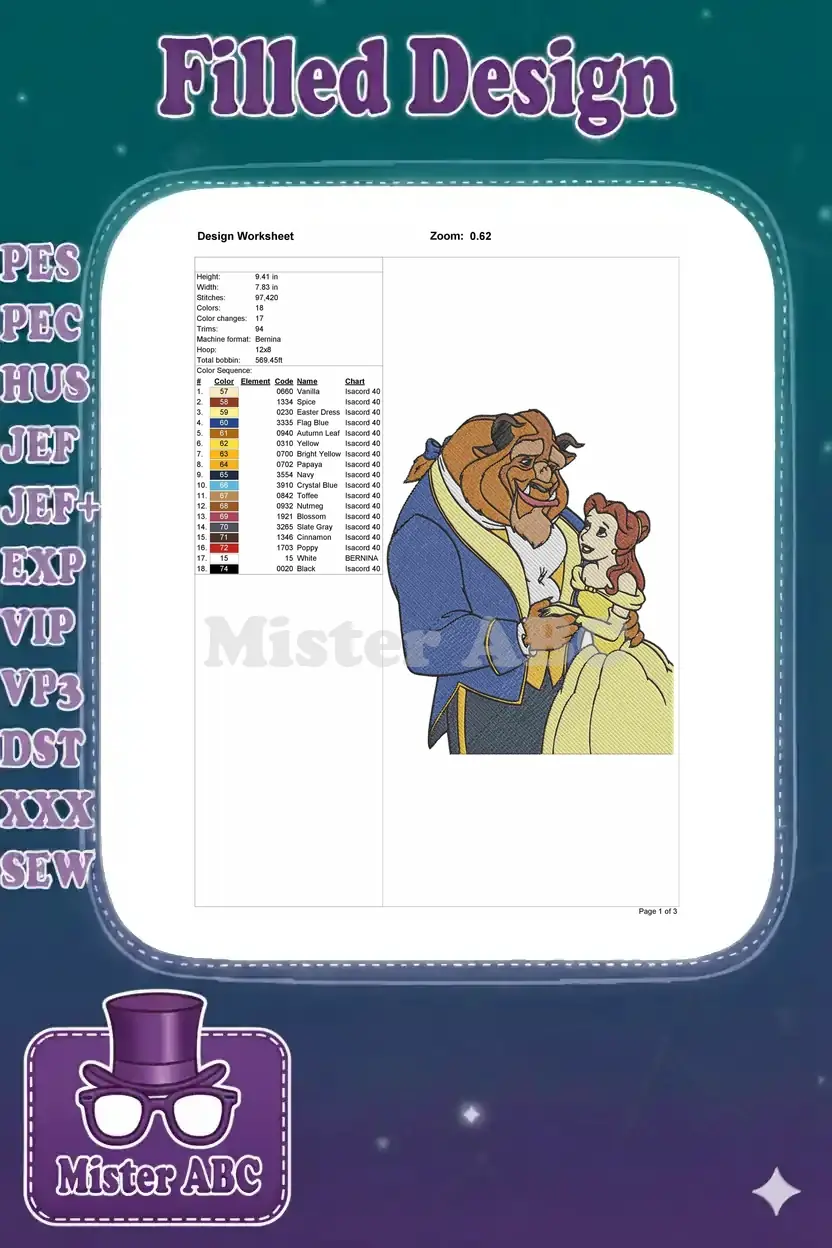 Embroidery design worksheet showing technical specifications, stitch count, dimensions, color chart, and thread details.