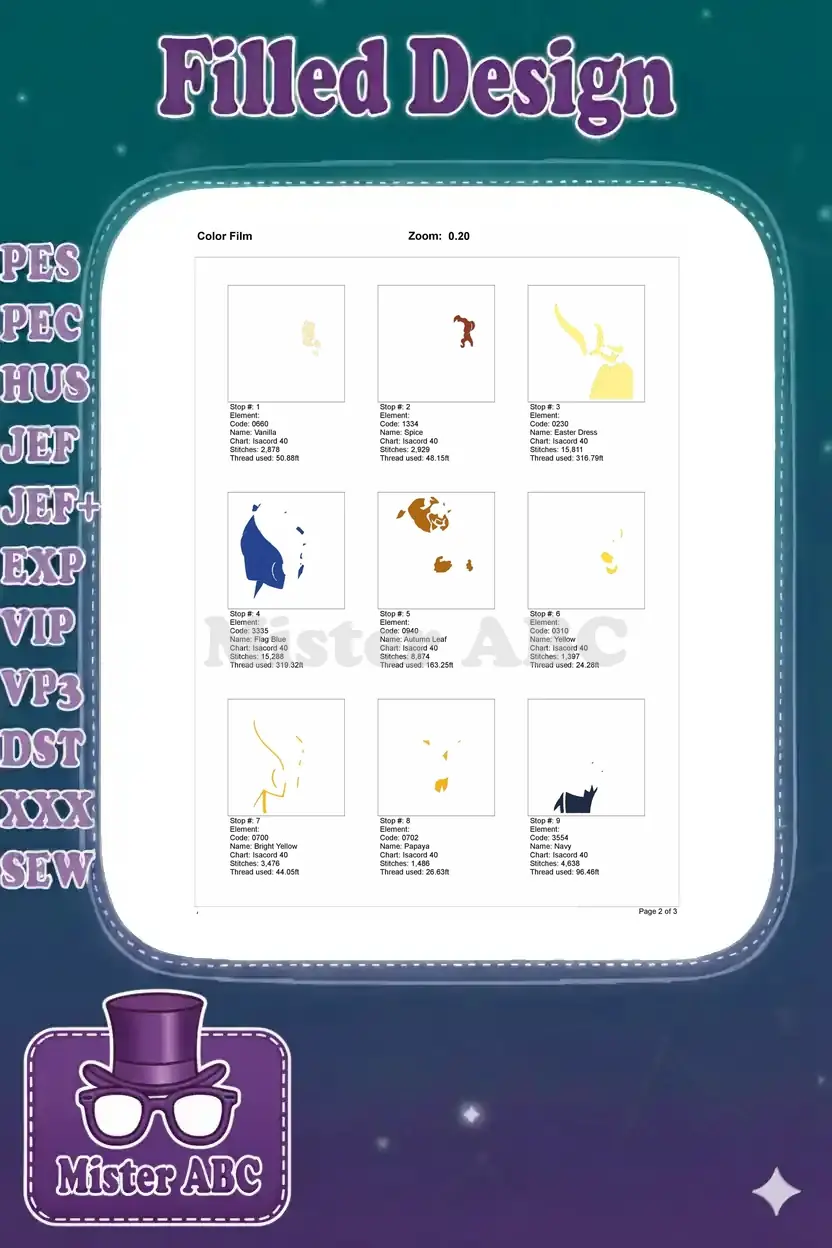 First page of the color film document, illustrating the initial embroidery stitch sequences for the Belle and Beast design.