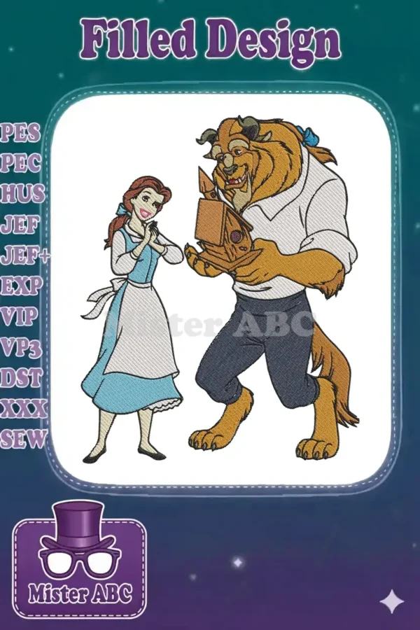 Belle and Beast embroidery design showcasing a heartfelt moment, perfect for adding Disney magic to textiles.