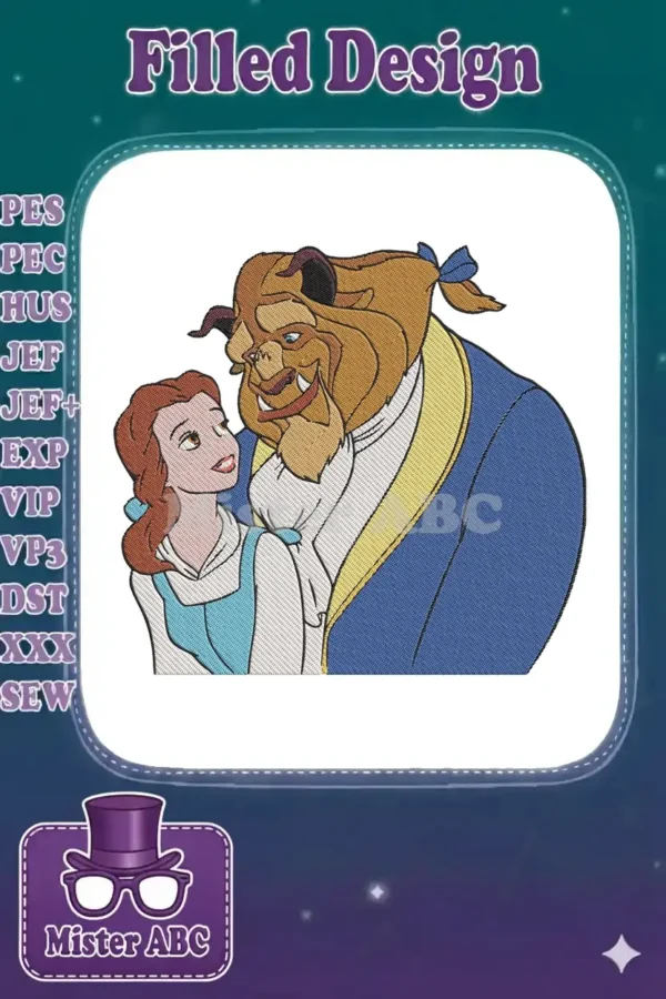 A captivating embroidery of Belle and the Beast, gazing lovingly at each other, showcasing detailed thread work.