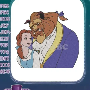 A vibrant embroidery design capturing Belle and the Beast in a tender moment, featuring rich colors and detailed stitching.