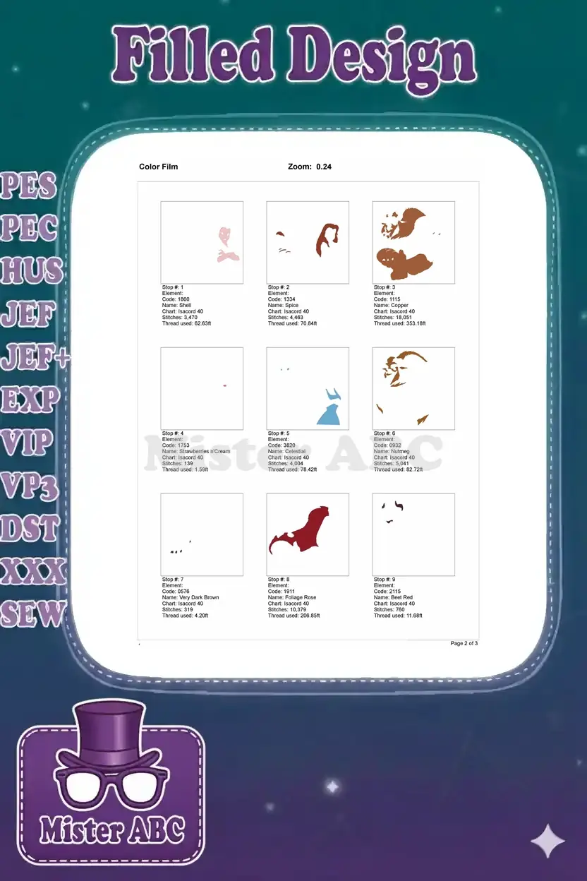 First page of the color film, showing initial embroidery stops and color layers for Belle and Beast.