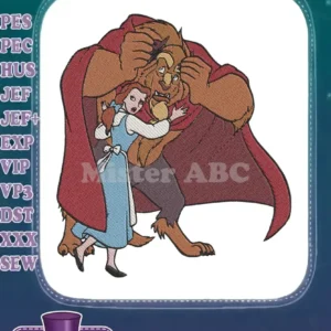 Detailed embroidery design showcasing Belle embracing the Beast, capturing a tender moment from the classic fairy tale.