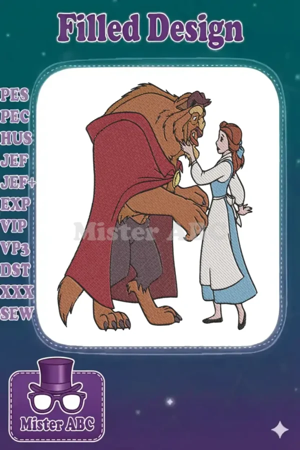 Embroidered design featuring Belle in her blue dress and the Beast in a red cape, looking at each other gently.