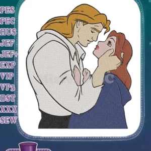 A beautiful embroidery design showcasing Belle and Prince Adam in a romantic embrace, perfect for Disney fans.