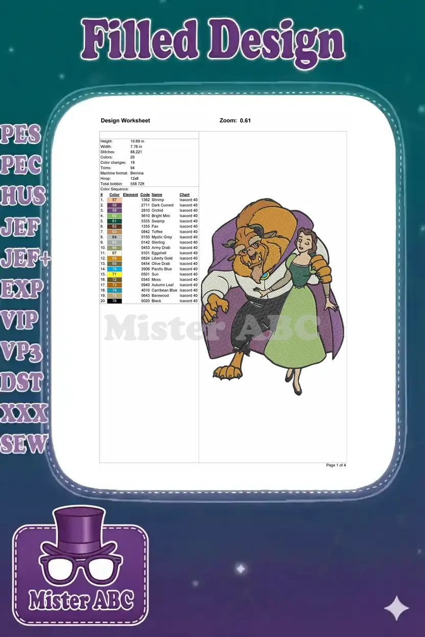 Detailed embroidery design worksheet for Belle and Beast, showing dimensions, stitch count, and thread color chart.