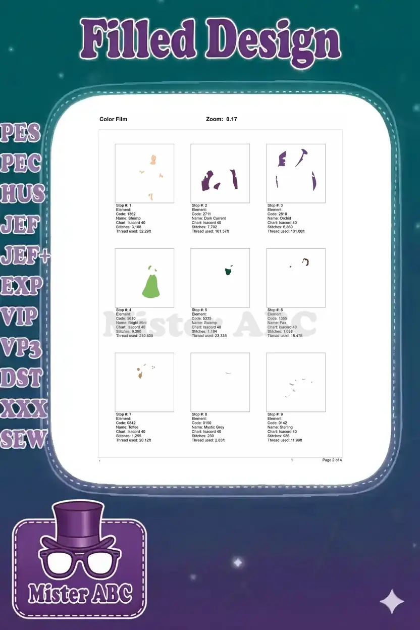 First page of the embroidery color film, detailing initial color stops for the Belle and Beast design elements.