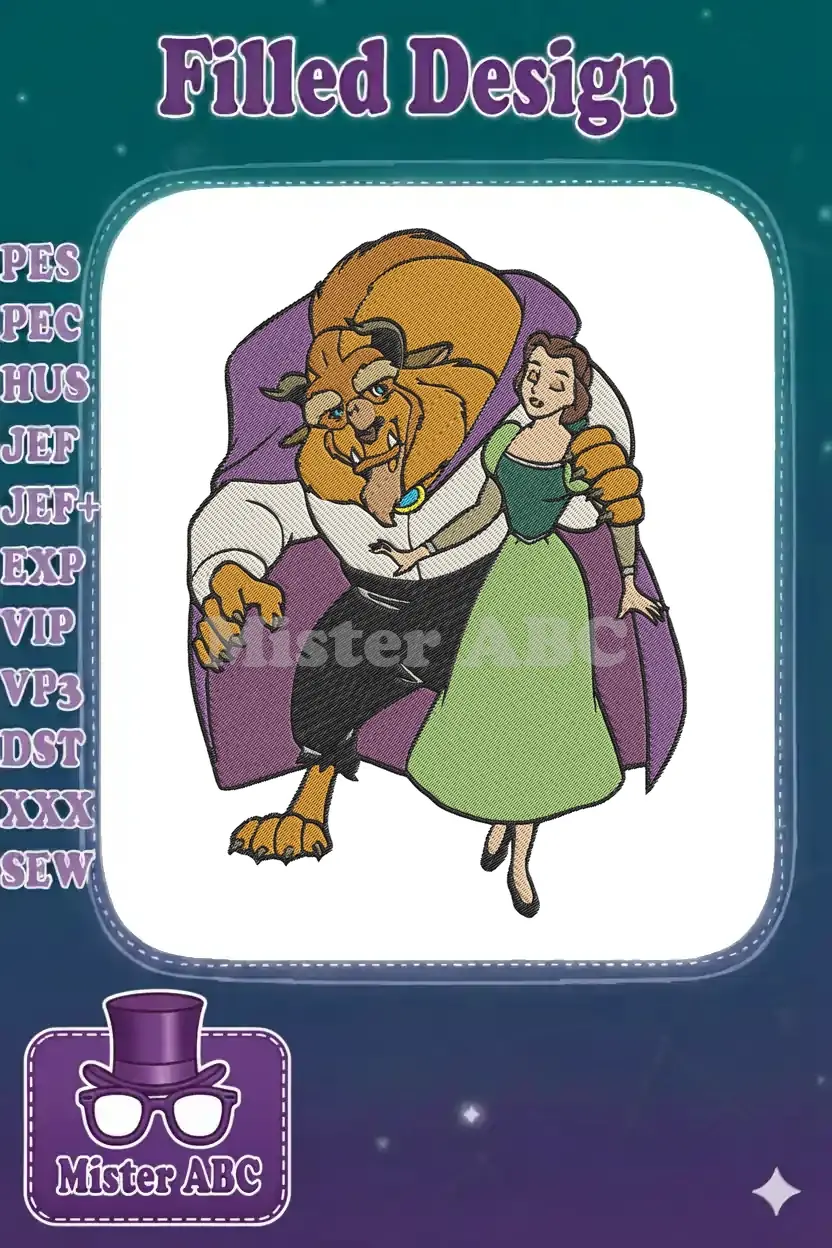A vibrant embroidery design featuring Belle and the Beast from Disney, captured in a dynamic pose, ready for stitching.