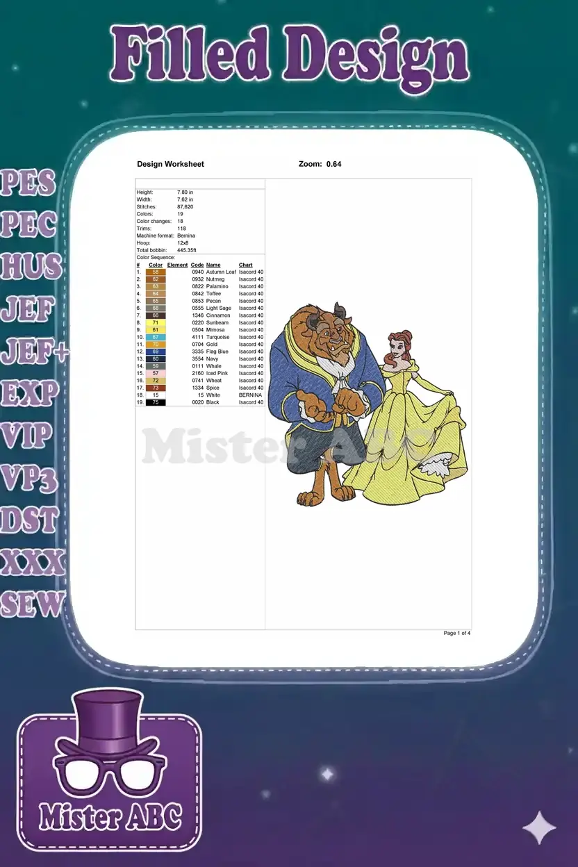 Embroidery design worksheet detailing dimensions, stitch count, color sequence, and machine compatibility for Belle and Beast.