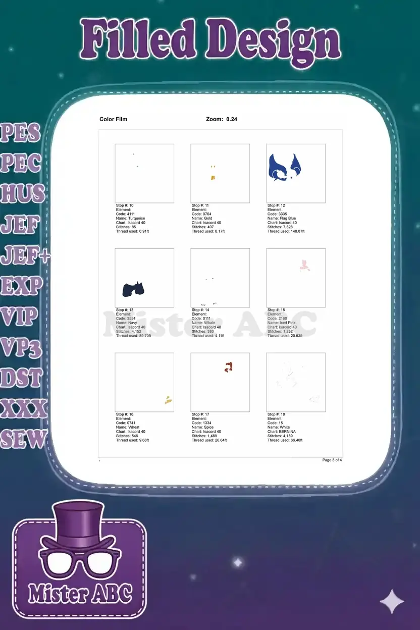 Second page of the color film, illustrating the middle embroidery stages and additional thread changes.