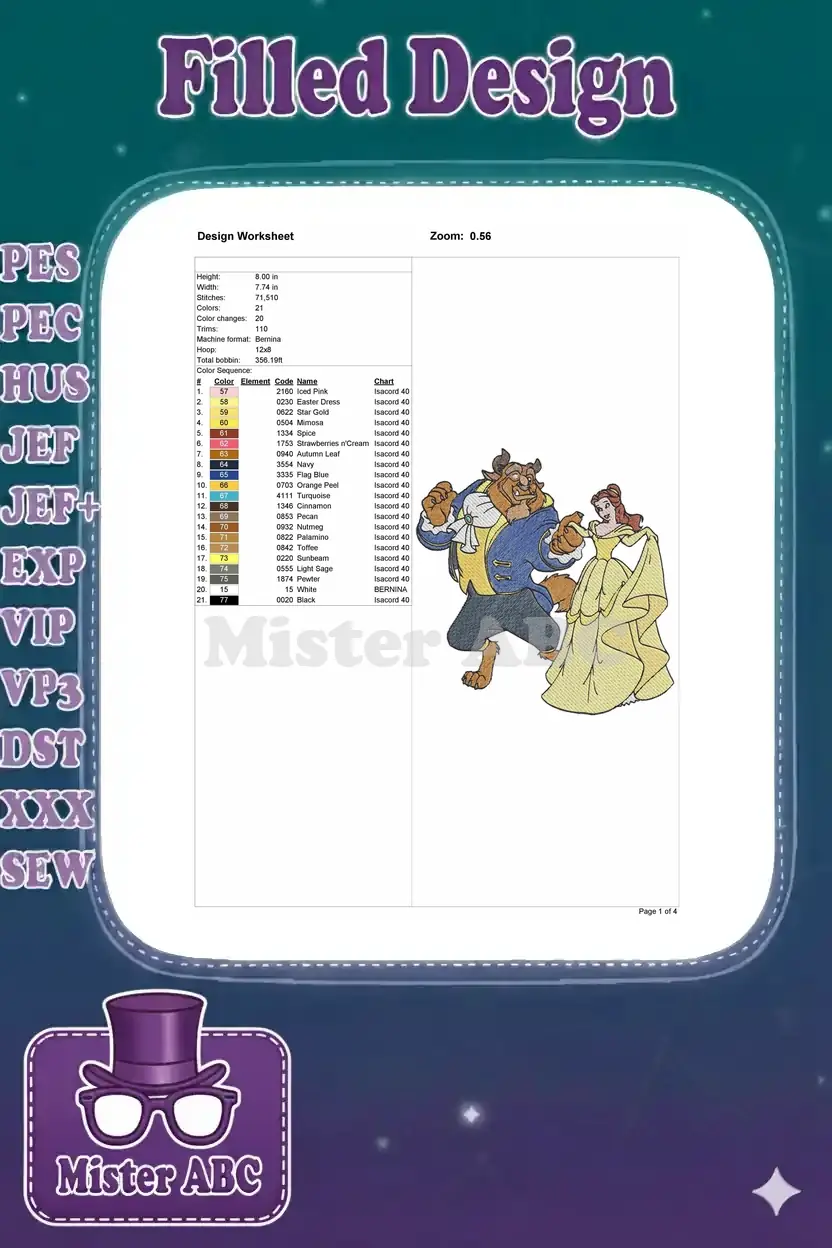 Detailed embroidery design worksheet for Belle and Beast, showing stitch count, colors, and machine info.
