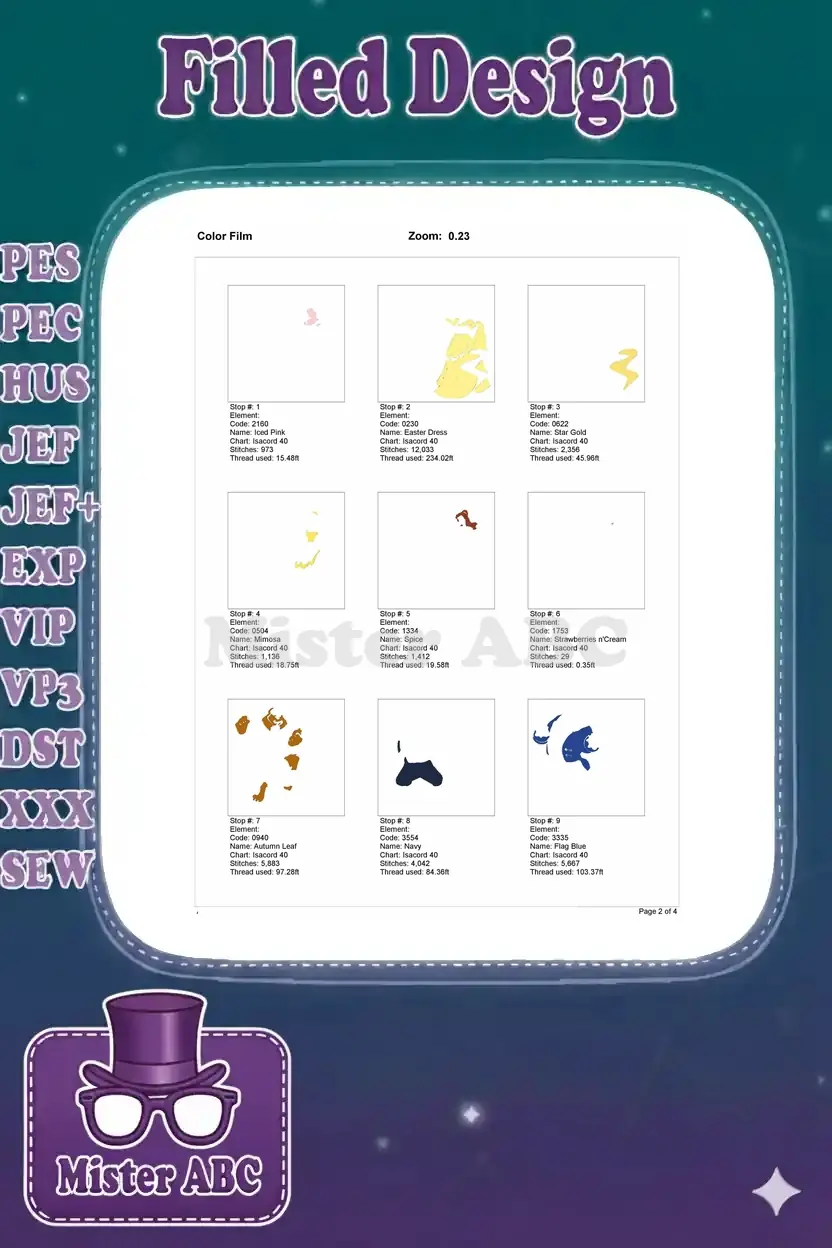 First section of the Belle and Beast embroidery color film, detailing the initial 9 color stops.