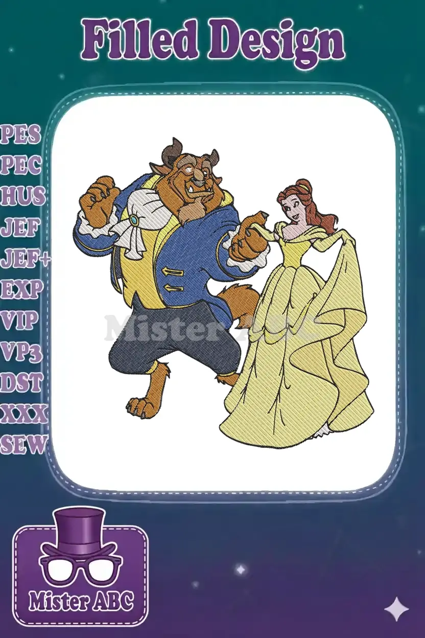 Vibrant embroidery of Disney's Belle in her yellow gown dancing gracefully with the Beast, ready for stitching.