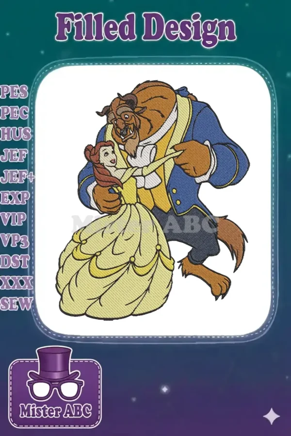 Full-color embroidery of Belle in her yellow ball gown dancing gracefully with the Beast in his blue suit.