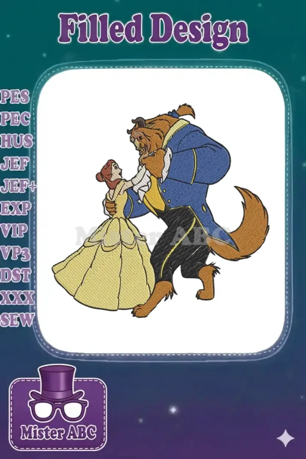 Embroidery design of Belle in her yellow ball gown dancing with the Beast in his blue suit, captured in an iconic pose.