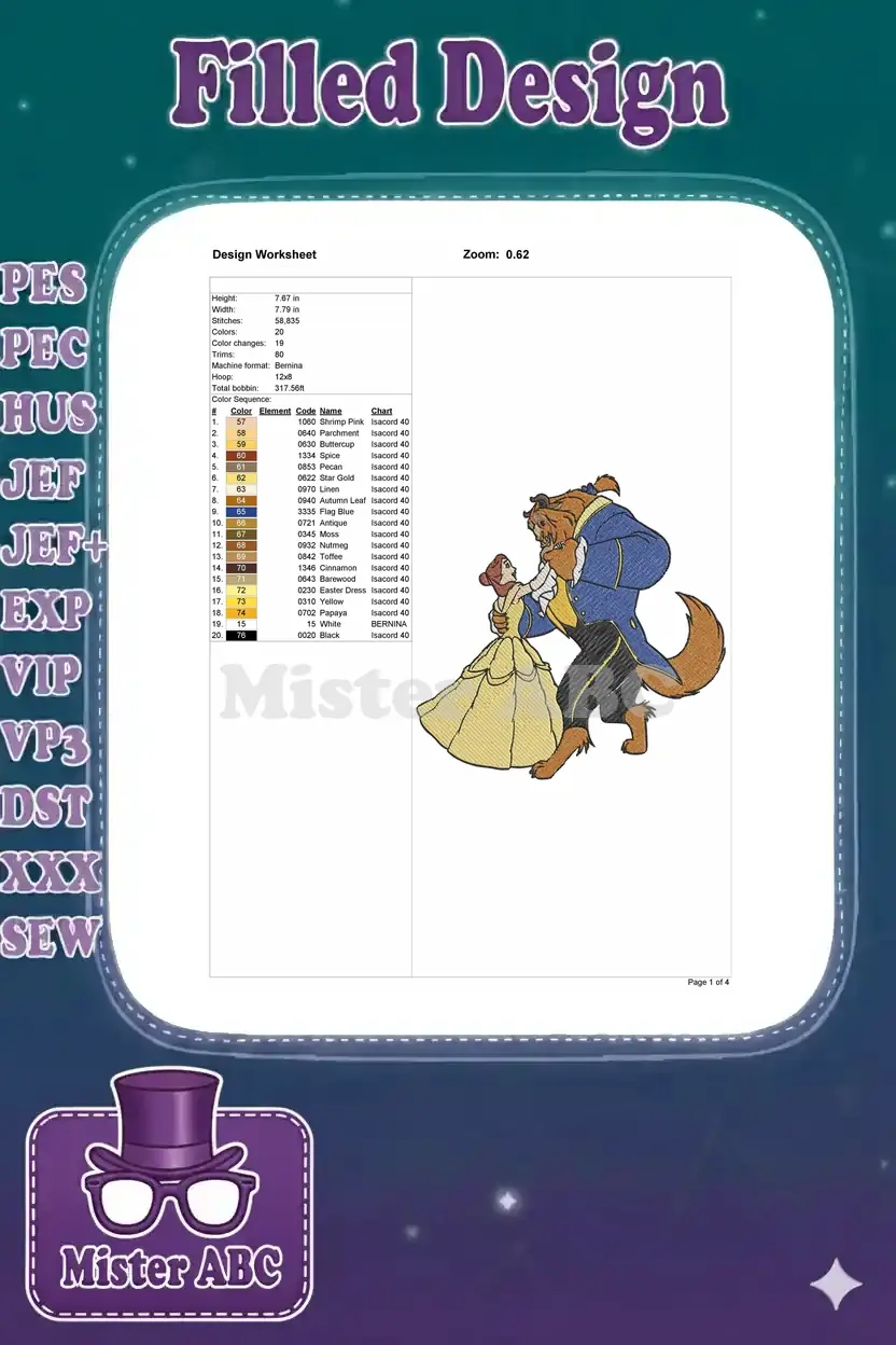 Embroidery design worksheet showing dimensions, stitch count, color sequence chart, and a small preview of the design.