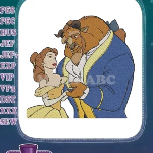 Belle and Beast embrace in a tender moment, a meticulously stitched embroidery design capturing Disney's classic romance.