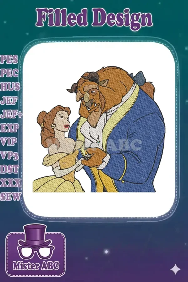 Belle and Beast embrace in a tender moment, a meticulously stitched embroidery design capturing Disney's classic romance.