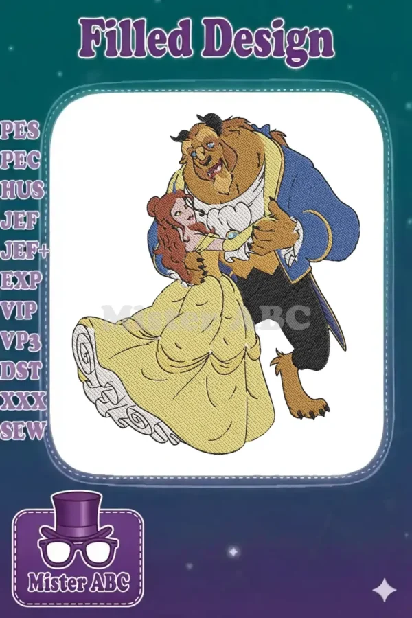 Captivating embroidery design featuring Belle and the Beast dancing, a magical moment from a beloved fairy tale.