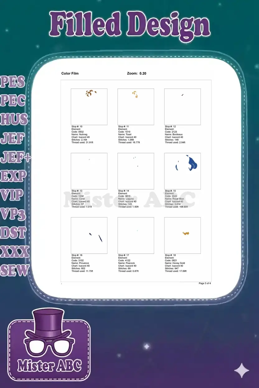Second page of the color film, displaying mid-sequence thread stops and corresponding embroidery sections.