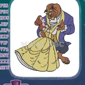 A beautifully embroidered design of Belle and the Beast from Disney's classic fairytale, dancing elegantly.