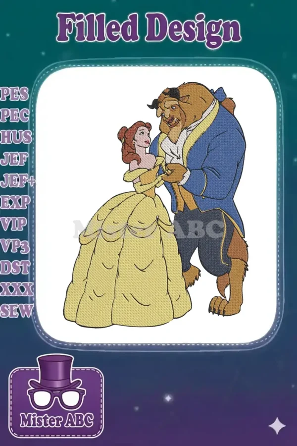 Full-color embroidery design of Belle in her yellow ball gown dancing with the Beast in his blue suit.