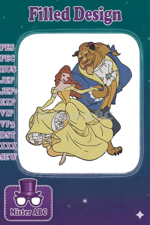 Belle and the Beast in a beautiful, dynamic dance pose, showcasing intricate machine embroidery with vibrant threads.